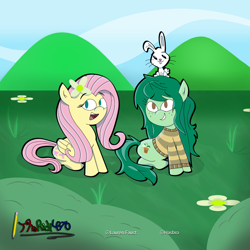 Size: 1730x1730 | Tagged: safe, artist:therich4270, derpibooru import, angel bunny, fluttershy, wallflower blush, earth pony, pegasus, pony, equestria girls, forgotten friendship, g4, clothes, digital art, equestria girls ponified, equestria girls specials, female, flower, flower in hair, flutterblush, grass, hill, lesbian, ponified, shipping, signature, species swap, sweater, trio