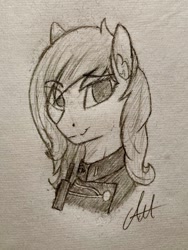 Size: 659x878 | Tagged: safe, artist:biergarten13, derpibooru import, pegasus, fallout equestria, bust, clothes, enclave, enclave officer, fallout, looking back, military uniform, pencil drawing, radio, sketch, traditional art, uniform, walkie talkie