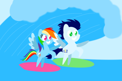 Size: 1935x1285 | Tagged: safe, anonymous artist, derpibooru exclusive, derpibooru import, rainbow dash, soarin', surf, pegasus, pony, series:soarindash honeymoon, series:soarindash romantic tales, g4, female, male, mare, ocean, pointy ponies, shipping, smiling, soarindash, stallion, straight, water