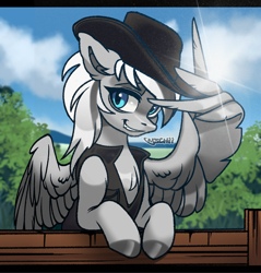 Size: 3000x3138 | Tagged: safe, artist:mouschii, derpibooru import, oc, oc only, oc:silver edge, hybrid, pegabat, cowboy hat, hat, solo, wing hands, wings