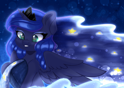 Size: 2104x1500 | Tagged: safe, artist:auroracursed, derpibooru import, princess luna, alicorn, pony, g4, colored pupils, crown, cute, ethereal mane, female, heart, heart eyes, horn, jewelry, lunabetes, mare, regalia, smiling, solo, starry mane, wingding eyes, wings