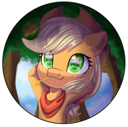 Size: 1304x1295 | Tagged: safe, artist:auroracursed, derpibooru import, applejack, earth pony, semi-anthro, g4, applejack's hat, armpits, bandana, bust, chibi, clothes, colored pupils, cowboy hat, cute, female, freckles, hat, hooves behind head, jackabetes, mare, partially transparent background, simple background, solo, straw in mouth, tree