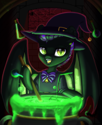 Size: 1742x2132 | Tagged: safe, artist:auroracursed, derpibooru import, oc, oc only, bat pony, pony, bat pony oc, bat wings, cauldron, clothes, commission, female, hat, mare, night, open mouth, solo, wings, witch, witch hat, ych result