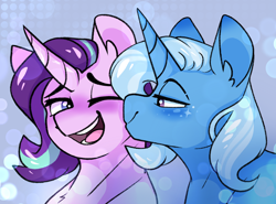 Size: 2422x1792 | Tagged: safe, artist:sunnysynopsis, derpibooru import, starlight glimmer, trixie, pony, unicorn, g4, duo, duo female, female, hatless, horn, kiss on the cheek, kissing, lesbian, mare, missing accessory, multicolored hair, one eye closed, open mouth, open smile, shipping, smiling, smooch, startrix