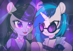 Size: 3508x2480 | Tagged: safe, artist:auroracursed, derpibooru import, dj pon-3, octavia melody, vinyl scratch, earth pony, pony, semi-anthro, unicorn, g4, bowtie, deviantart watermark, duo, duo female, electric guitar, female, guitar, horn, mare, microphone, musical instrument, obtrusive watermark, octavia's bowtie, open mouth, vinyl's glasses, watermark