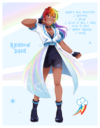 Size: 1606x2048 | Tagged: safe, artist:applesartt, derpibooru import, rainbow dash, human, g4, clothes, dark skin, female, humanized, idol, looking at you, music notes, smiling, smiling at you, solo, tomboy