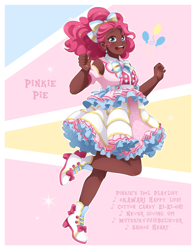 Size: 1606x2048 | Tagged: safe, artist:applesartt, derpibooru import, pinkie pie, human, g4, bow, clothes, dark skin, female, hair bow, humanized, looking at you, one leg raised, open mouth, open smile, shoes, smiling, solo, text