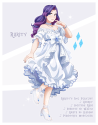 Size: 1606x2048 | Tagged: safe, artist:applesartt, derpibooru import, rarity, human, g4, breasts, choker, cleavage, clothes, dress, ear piercing, earring, female, high heels, humanized, jewelry, light skin, looking at you, off shoulder, piercing, shoes, smiling, smiling at you, solo, standing, standing on one leg