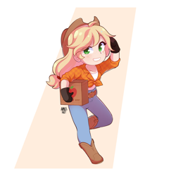 Size: 2048x2048 | Tagged: safe, artist:applesartt, derpibooru import, applejack, human, g4, abstract background, applejack's hat, blushing, boots, chibi, clothes, cowboy hat, denim, female, hat, high res, holding, humanized, jeans, looking at you, pale skin, pants, shoes, smiling, smiling at you, solo