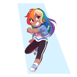 Size: 2048x2048 | Tagged: safe, artist:applesartt, derpibooru import, rainbow dash, human, g4, abstract background, chibi, clothes, converse, cute, dark skin, dashabetes, grin, high res, humanized, jacket, looking at you, moderate dark skin, shoes, smiling, smiling at you, sneakers, solo, teeth