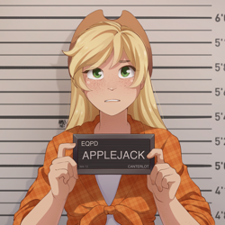 Size: 2048x2048 | Tagged: safe, artist:applesartt, derpibooru import, applejack, human, g4, applejack's hat, barbie, barbie (film), barbie mugshot meme, blushing, clothes, cowboy hat, cute, female, flannel, freckles, gritted teeth, hat, high res, humanized, jackabetes, jail, looking at you, meme, mugshot, nervous, solo, tanktop, teeth, worried