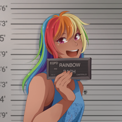 Size: 2048x2048 | Tagged: safe, artist:applesartt, derpibooru import, rainbow dash, human, g4, barbie, barbie (film), barbie mugshot meme, blushing, clothes, cute, dark skin, dashabetes, female, high res, humanized, jail, looking at you, meme, mugshot, open mouth, open smile, smiling, smiling at you, solo, sports bra, tanktop