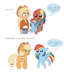 Size: 1804x2048 | Tagged: safe, artist:applesartt, derpibooru import, applejack, rainbow dash, earth pony, human, pegasus, pony, g4, appledash, applejack's hat, arrow, clothes, cowboy hat, dark skin, dialogue, duo, duo female, eye clipping through hair, eyebrows, eyebrows visible through hair, female, freckles, hairband, hat, humanized, lesbian, mare, meme, parallel universe, plushie, pony plushie, rainbow dash plushie, sad, shipping, simple background, speech bubble, spread wings, tail, tail band, talking, white background, wings