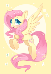 Size: 2648x3825 | Tagged: safe, artist:yangere, derpibooru import, fluttershy, pegasus, pony, g4, abstract background, blushing, cute, duplication, female, flying, full body, mare, open mouth, open smile, shyabetes, smiling, solo, spread wings, wings