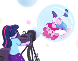 Size: 1135x892 | Tagged: safe, artist:siemensohm, derpibooru import, pinkie pie, sci-twi, twilight sparkle, human, equestria girls, g4, bubble, bubble gun, duo, duo female, female, floating, in bubble, simple background, white background