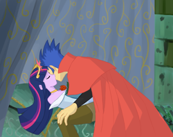 Size: 1140x897 | Tagged: safe, artist:siemensohm, derpibooru import, flash sentry, twilight sparkle, human, equestria girls, g4, big crown thingy, duo, duo male and female, element of magic, eyes closed, female, flashlight, flower, indoors, jewelry, kiss on the lips, kissing, male, regalia, rose, shipping, sleeping beauty, straight