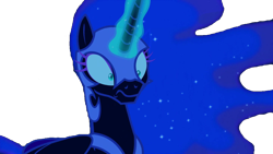 Size: 1280x720 | Tagged: safe, derpibooru import, edit, edited screencap, editor:natebrony2001, screencap, nightmare moon, alicorn, pony, g4, background removed, bust, deviantart muro, female, glowing, glowing horn, horn, mare, not a vector, shrunken pupils, simple background, solo, transparent background, wide eyes