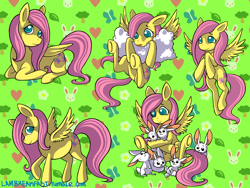 Size: 1500x1125 | Tagged: safe, artist:lambreakfast, derpibooru import, fluttershy, butterfly, pegasus, pony, rabbit, g4, animal, cloud, colored pupils, heart, patterned background