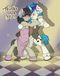 Size: 703x900 | Tagged: safe, derpibooru import, dj pon-3, octavia melody, vinyl scratch, earth pony, pony, semi-anthro, unicorn, g4, belly, belly button, bipedal, blushing, clothes, dancing, dress, ear piercing, eye contact, female, horn, indoors, industrial piercing, lesbian, looking at each other, looking into each others eyes, mare, necktie, piercing, scratchtavia, shipping, shirt, sweat, vest