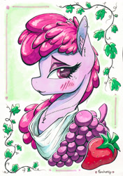 Size: 3492x4947 | Tagged: safe, artist:fancheesy, derpibooru import, berry punch, berryshine, earth pony, g4, blushing, bust, clothes, cutie mark, ear piercing, earring, female, food, grape, jewelry, lipstick, looking back, marker drawing, necklace, passepartout, piercing, portrait, smiling, solo, strawberry, toga, traditional art, vine