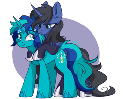 Size: 1794x1448 | Tagged: safe, artist:cinnamontee, derpibooru import, oc, oc only, oc:rocky blues, oc:selene lunaris, pony, unicorn, bandana, clothes, commission, commissioner:legionofblues, cutie mark, female, horn, hug, male, mare, mare oc, simple background, stallion, stallion oc, stockings, thigh highs