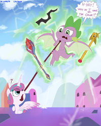 Size: 4320x5400 | Tagged: safe, artist:loreto-arts, derpibooru import, princess flurry heart, spike, alicorn, pony, g4, absurd file size, absurd resolution, animated, baby, baby pony, bloodstone scepter, changeling horn, collar, crystal empire, dialogue, duo, duo male and female, female, filly, flying, foal, horn, leash, levitation, magic, male, mouth hold, question mark, scepter, speech bubble, spread wings, telekinesis, twilight scepter, winged spike, wings