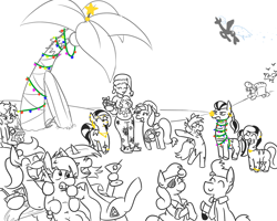 Size: 1280x1024 | Tagged: safe, artist:jargon scott, derpibooru import, prince artemis, princess luna, oc, oc:bahama nectar, oc:baroness, oc:bread pony, oc:chocolate dip, oc:dewdrop sunshine, oc:grittyguts, oc:horsey husband, oc:human wifey, oc:limit state, oc:long neck zebra, oc:low rider, oc:pierced zebra, oc:tater trot, bird, bread pony, earth pony, food pony, original species, pegasus, pony, seagull, unicorn, zebra, g4, 2017, bag, belly, belly button, bipedal, bracelet, bread, christmas, christmas tree, clothes, cocktail glass, cocktail umbrella, coconut, coconut cup, crotchboobs, ear piercing, earring, earth pony oc, eyebrow piercing, eyepatch, eyes closed, female, flying, food, gift exchange, happy, hat, holiday, horn, jewelry, lip piercing, male, mare, necklace, necktie, nose piercing, nudity, olive, onion, open mouth, open smile, palm tree, partial color, pegasus oc, piercing, present, rule 63, running, running away, santa hat, sarong, scar, slippers, smiling, stallion, tail, tail wrap, tree, unamused, unicorn oc, zebra oc