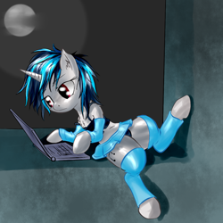 Size: 1024x1024 | Tagged: safe, artist:snus-kun, derpibooru import, dj pon-3, vinyl scratch, semi-anthro, unicorn, g4, bra, bra on pony, chest fluff, clothes, computer, female, horn, human shoulders, humanoid torso, laptop computer, mare, midriff, moon, panties, red eyes, shoulder fluff, skirt, solo, thicc thighs, thighs, thunder thighs, underwear, wide hips