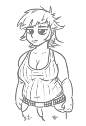 Size: 361x528 | Tagged: safe, artist:jargon scott, derpibooru import, oc, oc only, oc:low rider, human, belly, belly button, belt, big breasts, breasts, chubby, cleavage, clothes, denim, female, grayscale, humanized, humanized oc, jeans, lidded eyes, monochrome, pants, simple background, solo, tanktop, white background