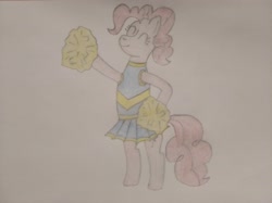 Size: 4032x3016 | Tagged: safe, artist:jakusi, derpibooru import, pinkie pie, pony, g4, bipedal, cheering, cheerleader, clothes, female, mare, pinktober, pom pom, skirt, solo, traditional art