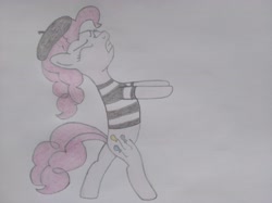 Size: 4032x3016 | Tagged: safe, artist:jakusi, derpibooru import, pinkie pie, pony, g4, beret, clothes, female, hat, invisible, mare, mime, pinktober, pulling, shirt, solo, striped shirt, traditional art