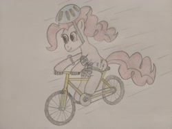 Size: 4032x3016 | Tagged: safe, artist:jakusi, derpibooru import, pinkie pie, pony, g4, bicycle, bike helmet, elbow pads, female, helmet, knee pads, mare, pedaling, pinktober, protection, solo, traditional art