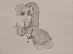 Size: 4032x3016 | Tagged: safe, artist:jakusi, derpibooru import, pinkie pie, pony, g4, bipedal, christianity, cross, female, habit, mare, nun, pinktober, rosary, scared, solo, traditional art