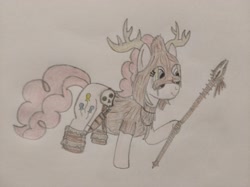 Size: 4032x3016 | Tagged: safe, artist:jakusi, derpibooru import, pinkie pie, pony, g4, bone, boots, clothes, dagger, female, forsworn, horns, jewelry, mare, necklace, pinktober, shoes, skull, skyrim, solo, staff, the elder scrolls, traditional art, weapon