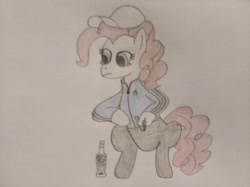 Size: 4032x3016 | Tagged: safe, artist:jakusi, derpibooru import, pinkie pie, pony, g4, adidas, adidas tracksuit, alcohol, bipedal, bottle, cap, cigarette, dresiarz, drink, female, gopnik, hat, mare, pinktober, sad, slav squat, smoking, solo, squatting, tracksuit, traditional art, vodka