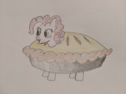 Size: 4032x3016 | Tagged: safe, artist:jakusi, derpibooru import, pinkie pie, earth pony, pony, g4, clothes, costume, female, food, food costume, literal, mare, name pun, pie, pie costume, pinkie pie (form), pinktober, solo, traditional art