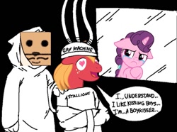 Size: 1080x804 | Tagged: safe, artist:tamers12345, derpibooru import, big macintosh, sugar belle, earth pony, pony, g4, bondage, boykisser, brainwashing, crying, female, heart, heart eyes, male, mare, meme, op is a cuck, ponified, ponified meme, stallion, straitjacket, wingding eyes