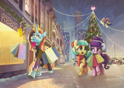 Size: 3555x2528 | Tagged: safe, artist:jewellier, artist:parab3llum, derpibooru import, coco pommel, coloratura, crimson cream, fashion statement, mare e. belle, sassy saddles, songbird serenade, suri polomare, earth pony, pegasus, pony, unicorn, collaboration, g4, bag, christmas, christmas lights, christmas tree, city, clothes, coffee, female, high res, holiday, horn, levitation, magic, manehattan, mare, outdoors, shopping, shopping bag, snow, snowfall, telekinesis, tree, zine art