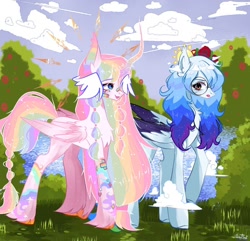 Size: 1222x1176 | Tagged: safe, artist:neko chan artz, derpibooru import, oc, oc:altersmay earth, alicorn, pegasus, pony, bandage, chest fluff, cloud, colored ears, colored hooves, colored horn, colored wings, duo, duo female, eyebrows, eyelashes, eyeshadow, female, flower, flower in hair, garden, glasses, halo, head wings, hooves, horn, jewelry, lake, long mane, looking at each other, looking at someone, makeup, necklace, older, older altersmay earth, open mouth, outdoors, planet ponies, ponified, rose, round glasses, slender, space ponies, species swap, sticker, thin, unnamed oc, walking, water, wings