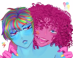 Size: 2048x1621 | Tagged: safe, artist:giez.nl, derpibooru import, pinkie pie, rainbow dash, human, g4, blue eyes, blue skin, blushing, curly hair, duo, duo female, female, humanized, implied nudity, looking at you, multicolored hair, painted nails, pink eyes, pink skin, pony coloring, rainbow hair, short hair, short hair rainbow dash, simple background, smiling, smiling at you