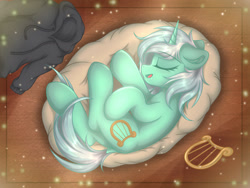 Size: 1600x1200 | Tagged: safe, artist:門久, derpibooru import, lyra heartstrings, pony, unicorn, fanfic:background pony, g4, clothes, dig the swell hoodie, dock, eyes closed, female, hoodie, horn, lying down, lyre, mare, musical instrument, on side, solo, tail