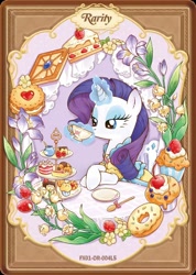 Size: 1284x1805 | Tagged: safe, derpibooru import, rarity, pony, unicorn, g4, afternoon tea, cake, cake slice, chair, chocolate, clothes, cookie, cup, dessert, donut, dress, flower, food, horn, kayou, looking down, magic, magic aura, merchandise, official, outfit, plate, sitting, solo, strawberry, teacup, text