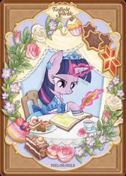 Size: 1284x1796 | Tagged: safe, derpibooru import, twilight sparkle, pony, g4, afternoon tea, book, bracelet, cake, cake slice, chair, chocolate, clothes, crown, cup, dessert, dress, ear piercing, earring, flower, food, fork, jewelry, kayou, looking down, magic, magic aura, merchandise, official, outfit, pen, piercing, plate, quill, regalia, sitting, smiling, solo, teacup, text, writing