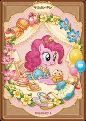 Size: 1284x1799 | Tagged: safe, derpibooru import, pinkie pie, earth pony, pony, g4, afternoon tea, cake, cake slice, chair, chocolate, clothes, cup, dessert, dress, flower, food, kayou, looking offscreen, merchandise, official, outfit, plate, sitting, smiling, solo, teacup, teapot, text