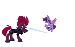 Size: 1920x1200 | Tagged: safe, artist:puzzlshield2, derpibooru import, tempest shadow, twilight sparkle, twilight sparkle (alicorn), alicorn, pony, unicorn, g4, my little pony: the movie, 3d, 3d render, armor, blast, concave belly, duo, duo female, female, fight, flying, guardians of harmony, height difference, horn, laser, magic, magic blast, mmd, physique difference, png, recreation, simple background, slender, thin, toy, transparent background, wings