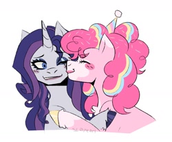 Size: 1700x1400 | Tagged: safe, artist:slapearl, derpibooru import, pinkie pie, rarity, earth pony, pony, unicorn, alternate hairstyle, blushing, clown, clown makeup, coat markings, duo, duo female, eyes closed, eyeshadow, female, grin, hat, horn, hug, kiss on the cheek, kissing, lesbian, lipstick, makeup, mare, multicolored hair, one eye closed, party hat, raripie, redesign, shipping, simple background, smiling, unshorn fetlocks, white background, wink