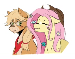 Size: 1650x1300 | Tagged: safe, artist:slapearl, derpibooru import, applejack, fluttershy, butterfly, earth pony, pegasus, pony, accessory theft, alternate hairstyle, applejack's hat, appleshy, band-aid, band-aid on nose, bandana, clothes, coat markings, cowboy hat, duo, duo female, eyes closed, female, flower, flower in hair, freckles, hat, lesbian, lipstick, mare, redesign, shipping, simple background, white background