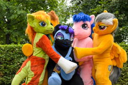 Size: 4928x3264 | Tagged: safe, artist:atalonthedeer, derpibooru import, daring do, firefly, nightmare moon, oc, oc:croc pony, oc:tracy swift, g1, g4, 2015, fursuit, galacon, group, irl, outdoors, photo, ponysuit, quintet