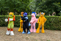 Size: 4928x3264 | Tagged: safe, artist:atalonthedeer, derpibooru import, daring do, firefly, nightmare moon, oc, oc:croc pony, oc:tracy swift, g1, g4, 2015, fursuit, galacon, group, irl, outdoors, photo, ponysuit, quintet