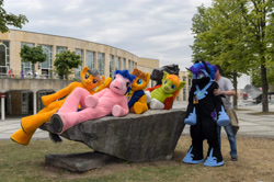 Size: 4928x3264 | Tagged: safe, artist:atalonthedeer, derpibooru import, daring do, firefly, nightmare moon, oc, oc:croc pony, oc:tracy swift, g1, g4, 2015, fursuit, galacon, group, irl, outdoors, photo, ponysuit, quintet